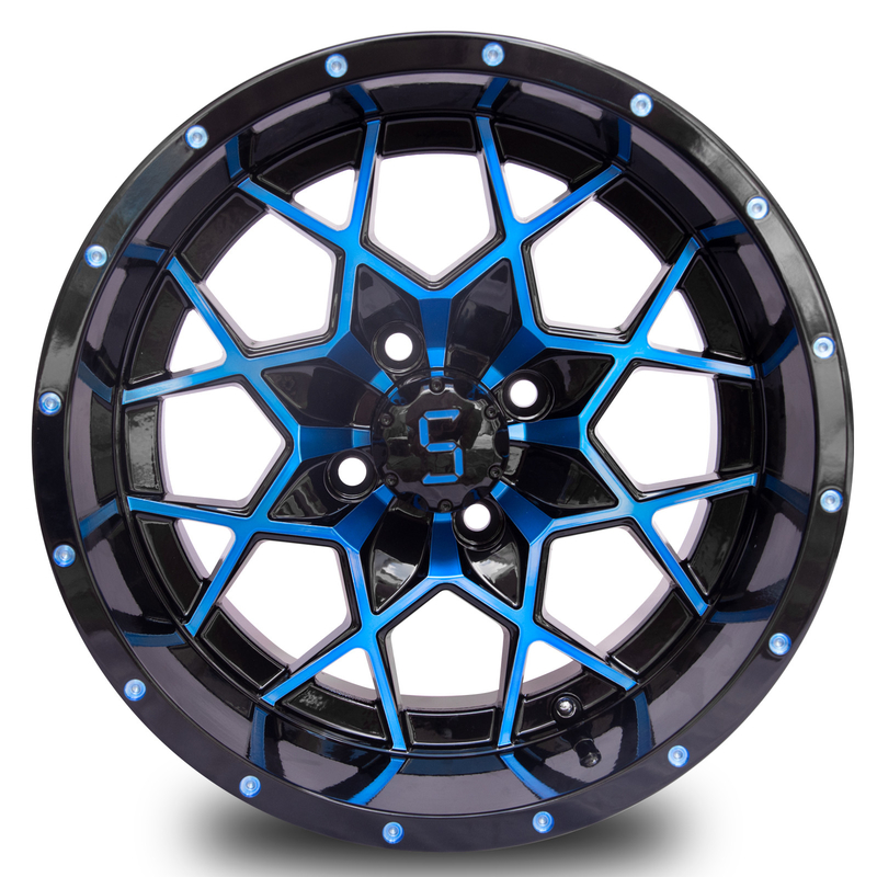 Das kundengerechte 14 Zoll-Golfmobil fasst blaue glatte schwarze Aluminiumleichtmetallfelgen ET-25 ein
