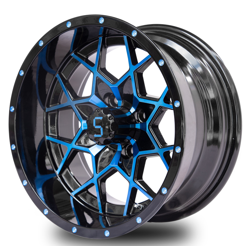 Das kundengerechte 14 Zoll-Golfmobil fasst blaue glatte schwarze Aluminiumleichtmetallfelgen ET-25 ein