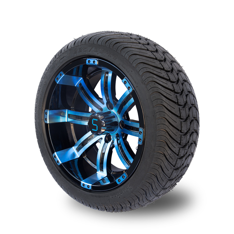 225/30-14 PUNKT 14 Zoll-Golfmobil-Rad-und Reifen-kombinierte blaue/glatte schwarze Räder 101,6 PCD