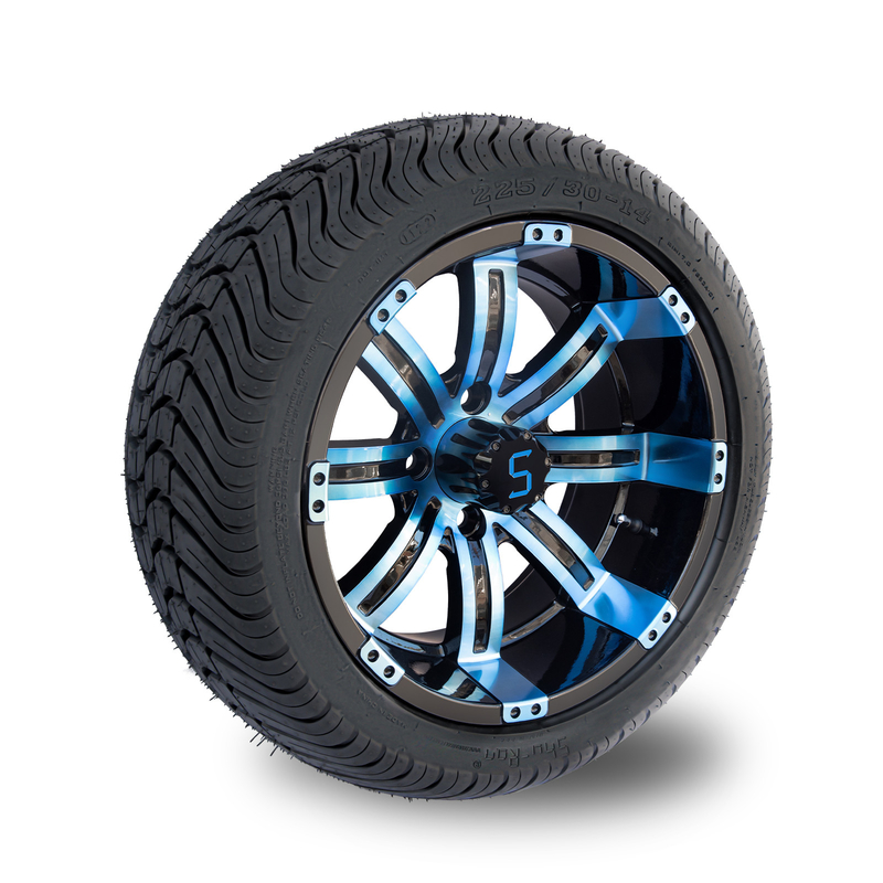 225/30-14 PUNKT 14 Zoll-Golfmobil-Rad-und Reifen-kombinierte blaue/glatte schwarze Räder 101,6 PCD
