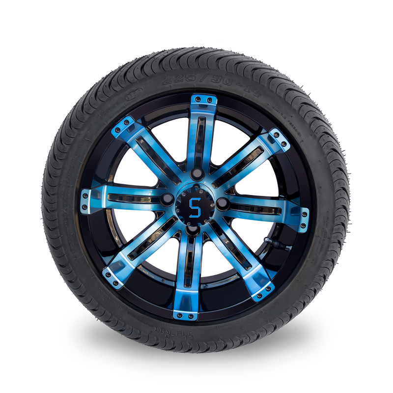 225/30-14 PUNKT 14 Zoll-Golfmobil-Rad-und Reifen-kombinierte blaue/glatte schwarze Räder 101,6 PCD