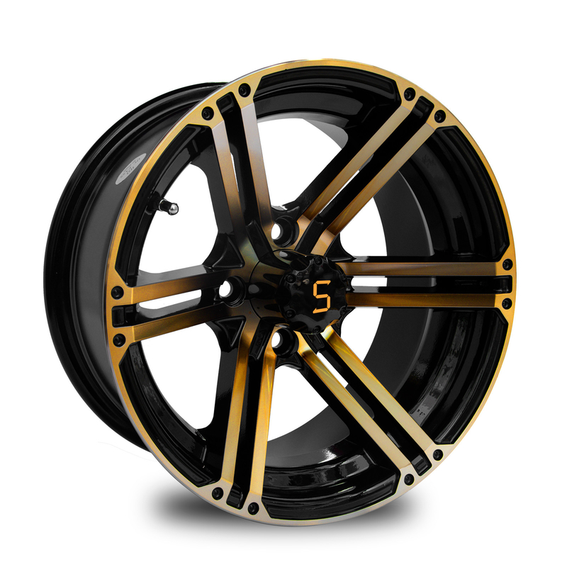 12x7 / Golfmobil 14x7 dreht Gold/Glanz-Schwarzes 4/101,6 PCD -25 UND