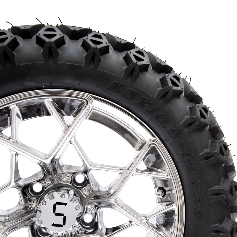 Shu-Ran Golfwagen Krieger 23x10.5-14 Golfwagen Alle Gelände Reifen und 14 Zoll Chrome Felgen